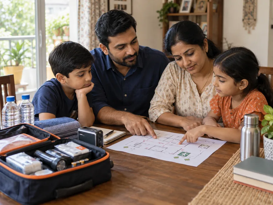 An Indian family reviewing its home emergency plan