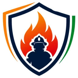 BHARAT101 app icon: a navy shield with orange and green edges around a firefighter in front of flames