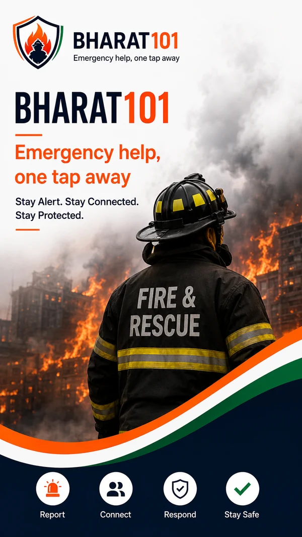 Store graphic with the BHARAT101 shield logo and the line Emergency help, one tap away, beside a firefighter in a Fire and Rescue jacket seen from behind, facing a burning city block. Report, Connect, Respond and Stay Safe icons run along the bottom.