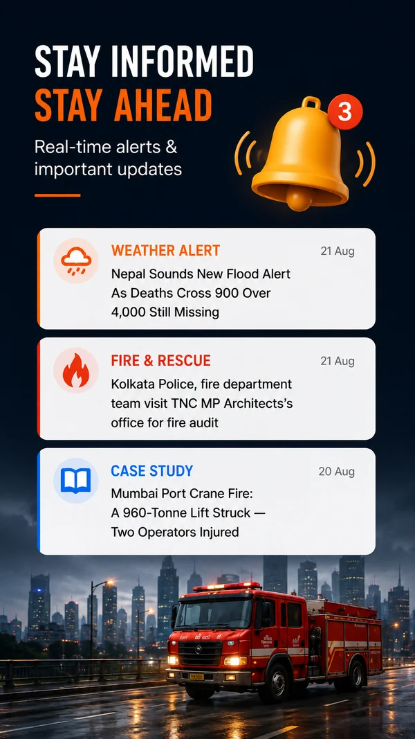 Store graphic titled Stay Informed, Stay Ahead, with a golden bell and three sample alert cards: a weather alert, a fire and rescue item and a case study. A red fire engine stands on a wet city road at dusk.