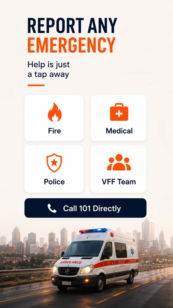 Store graphic titled Report Any Emergency, with four buttons for Fire, Medical, Police and VFF Team, a dark Call 101 Directly bar and an ambulance on a city road.