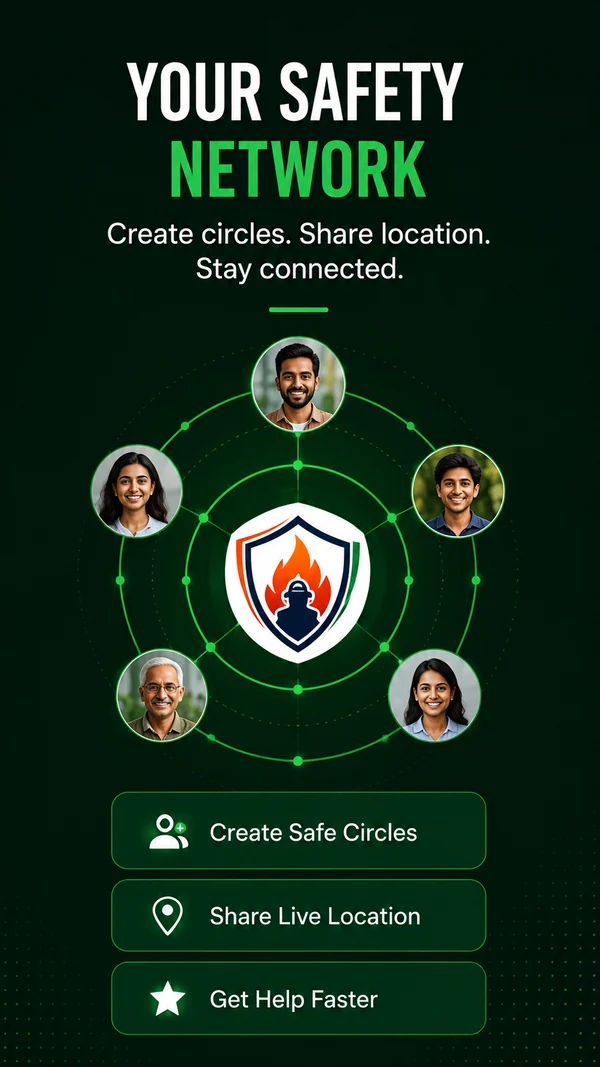 Store graphic titled Your Safety Network on a dark green background. The BHARAT101 shield sits at the centre of connected circles holding five portrait photos, above three lines: Create Safe Circles, Share Live Location and Get Help Faster.
