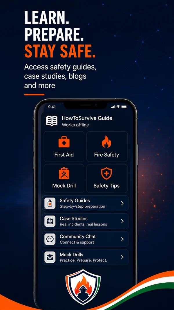Store graphic titled Learn. Prepare. Stay Safe. A phone shows a guide menu with First Aid, Fire Safety, Mock Drill and Safety Tips tiles, then rows for Safety Guides, Case Studies, Community Chat and Mock Drills.