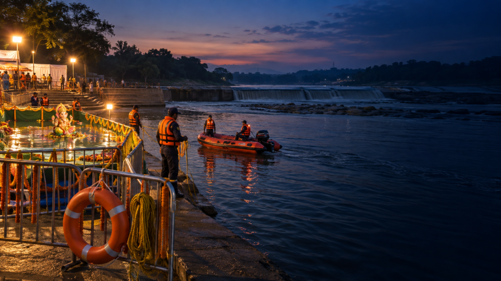 Editorial water-safety cover showing a controlled immersion site, rescue equipment and trained responders in Gujarat