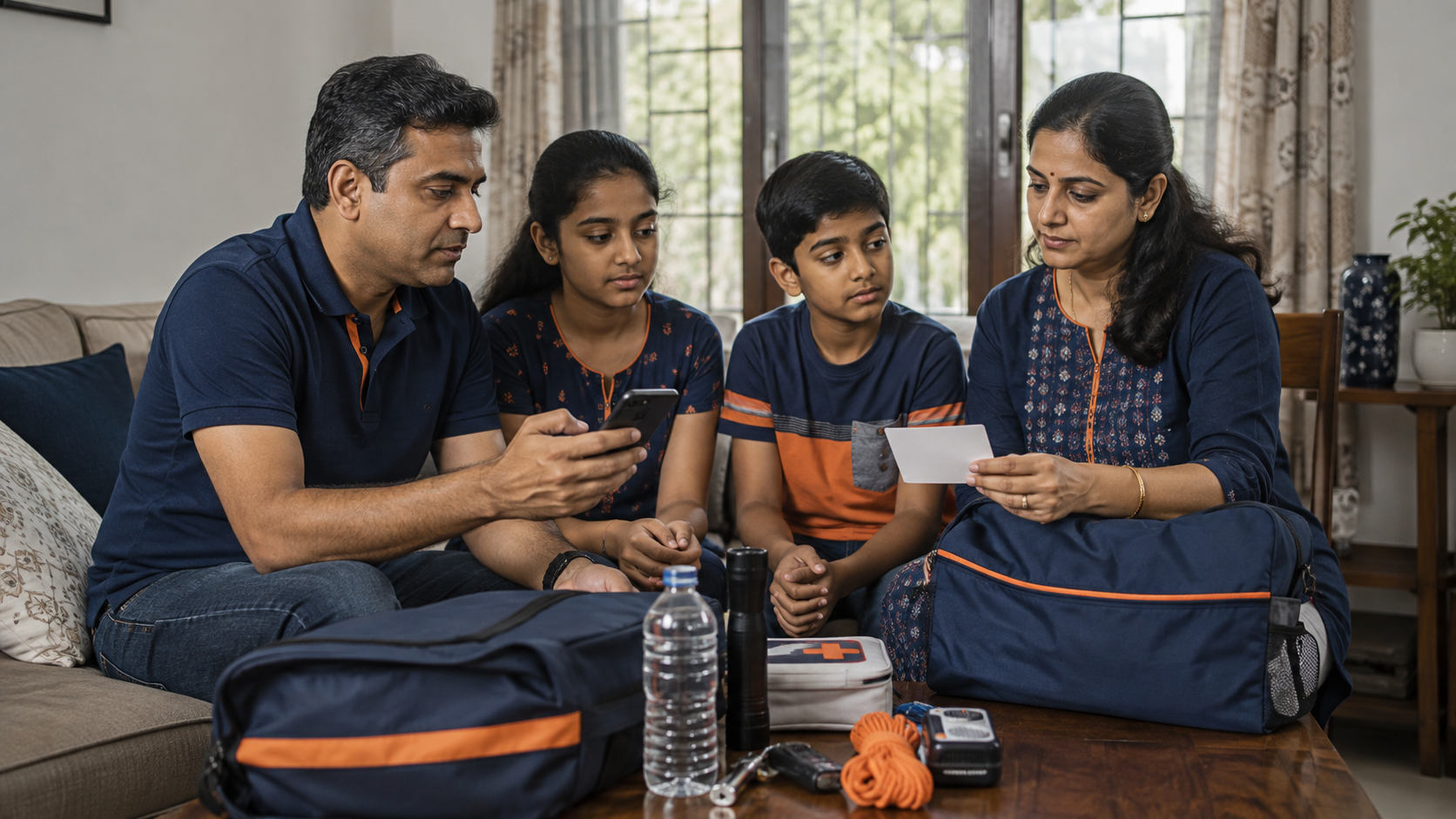 AI-generated illustration: a fictional Indian family practising emergency communication; no emergency call is being placed.