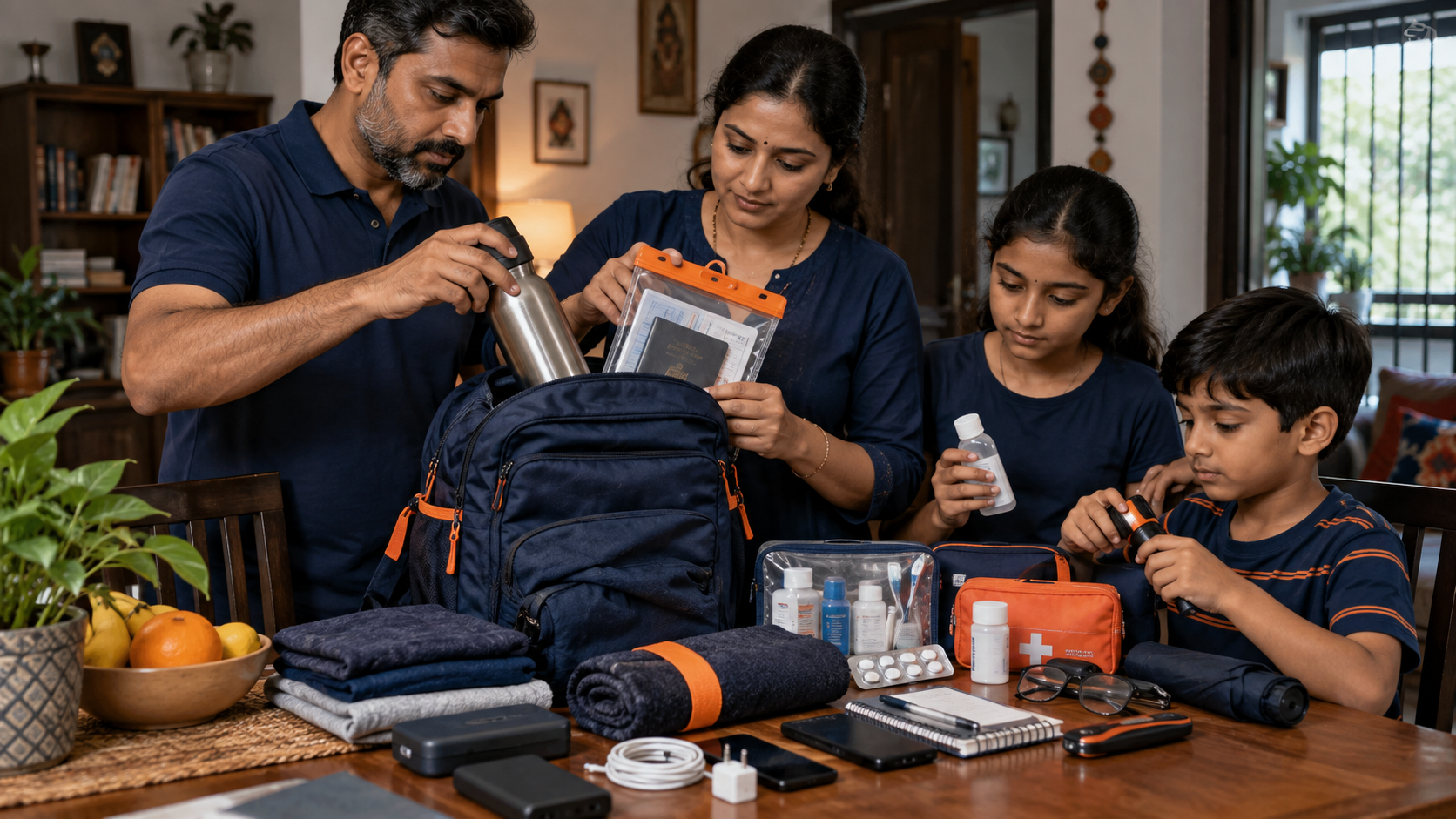 AI-generated illustration: a fictional household prepares essentials before an emergency; no real evacuation is shown.