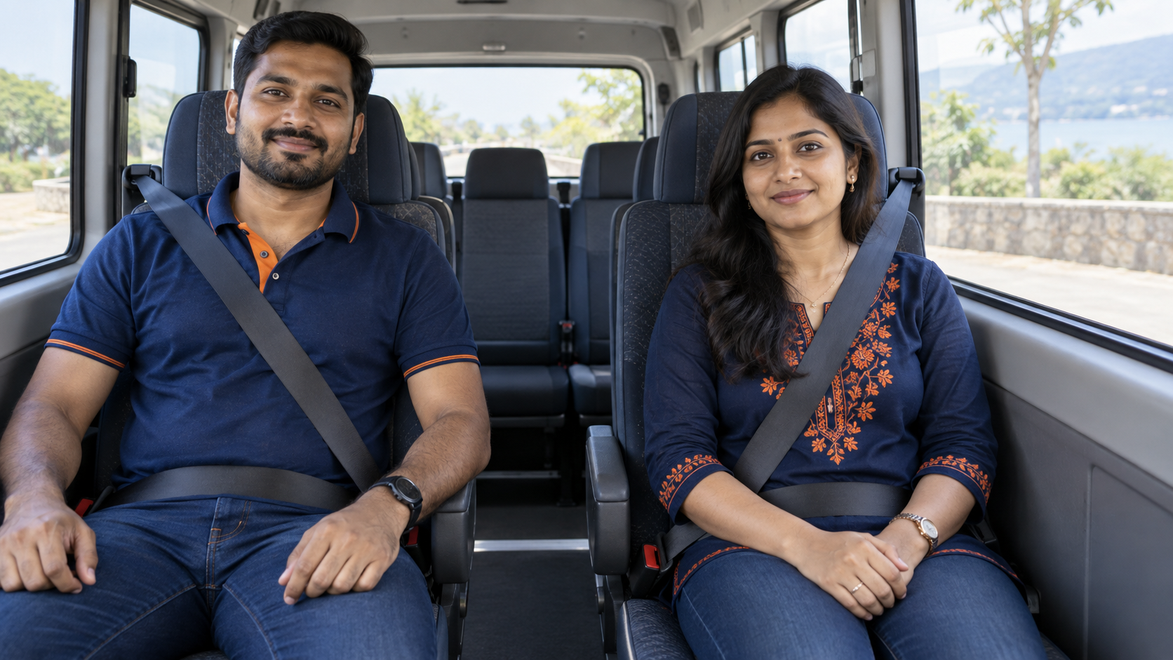 AI-generated illustration: two fictional adults wearing three-point restraints in a parked passenger vehicle.