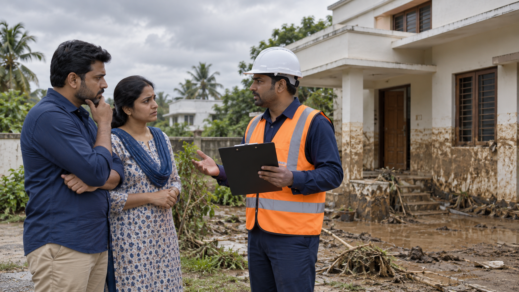 AI-generated illustration of a fictional discussion outside a flood-affected home; not proof of clearance or an electrical inspection.