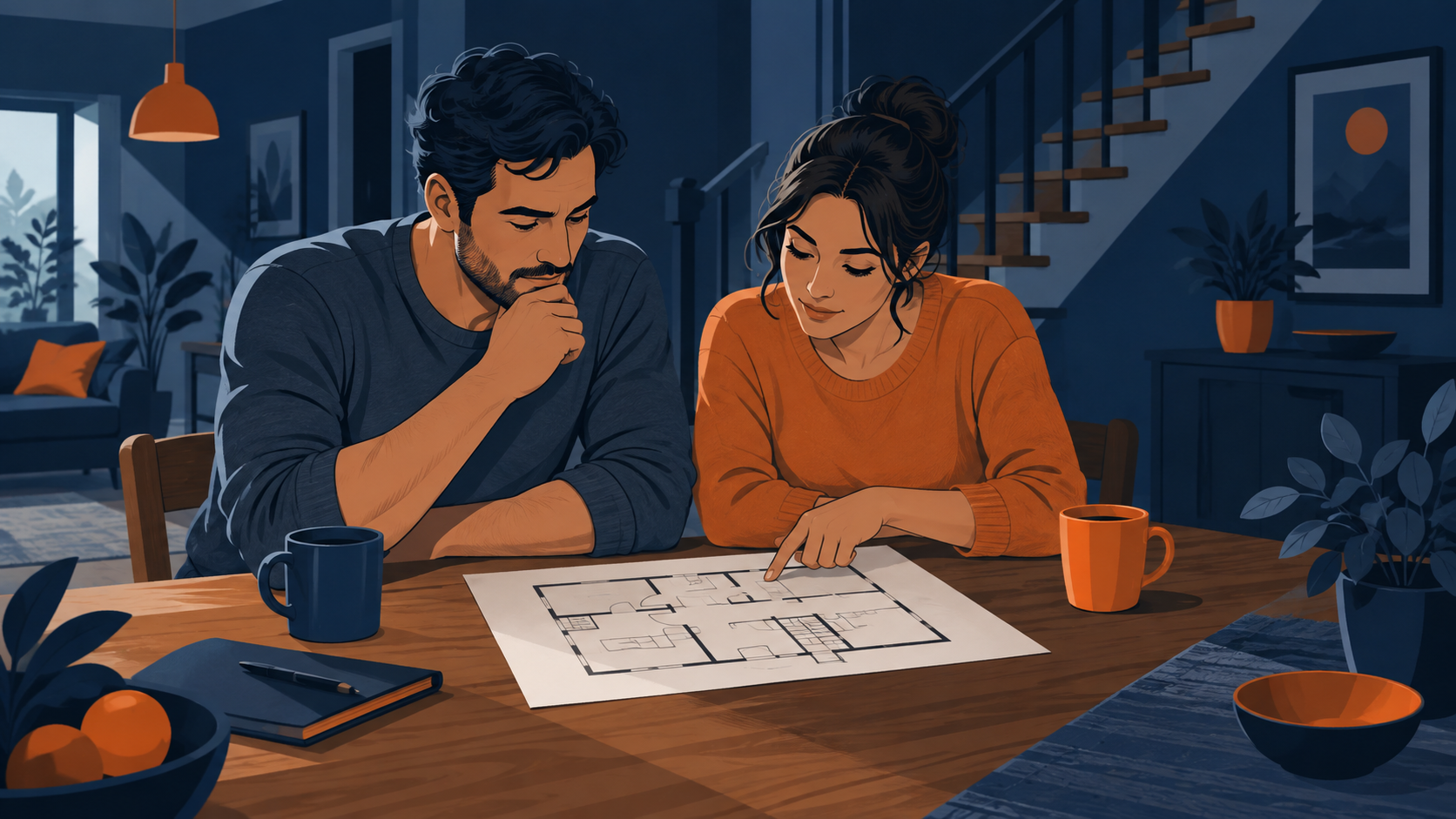AI illustration: a fictional household reviewing a plan; not a building safety assessment.