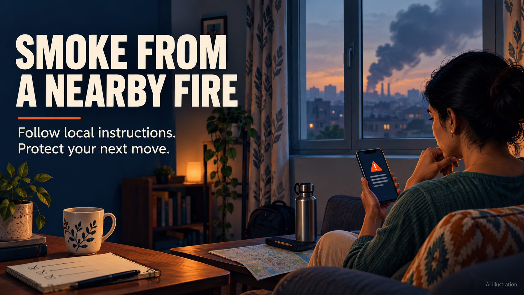 Smoke from a nearby fire: choose your next step using local instructions