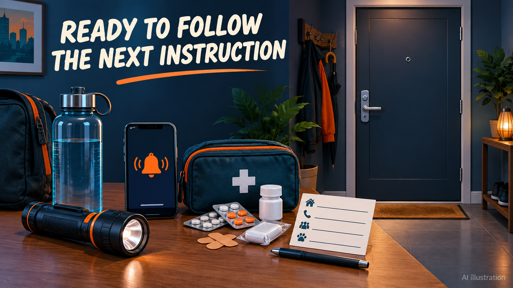 AI illustration: communication and personal essentials prepared before an emergency. Not incident photography.