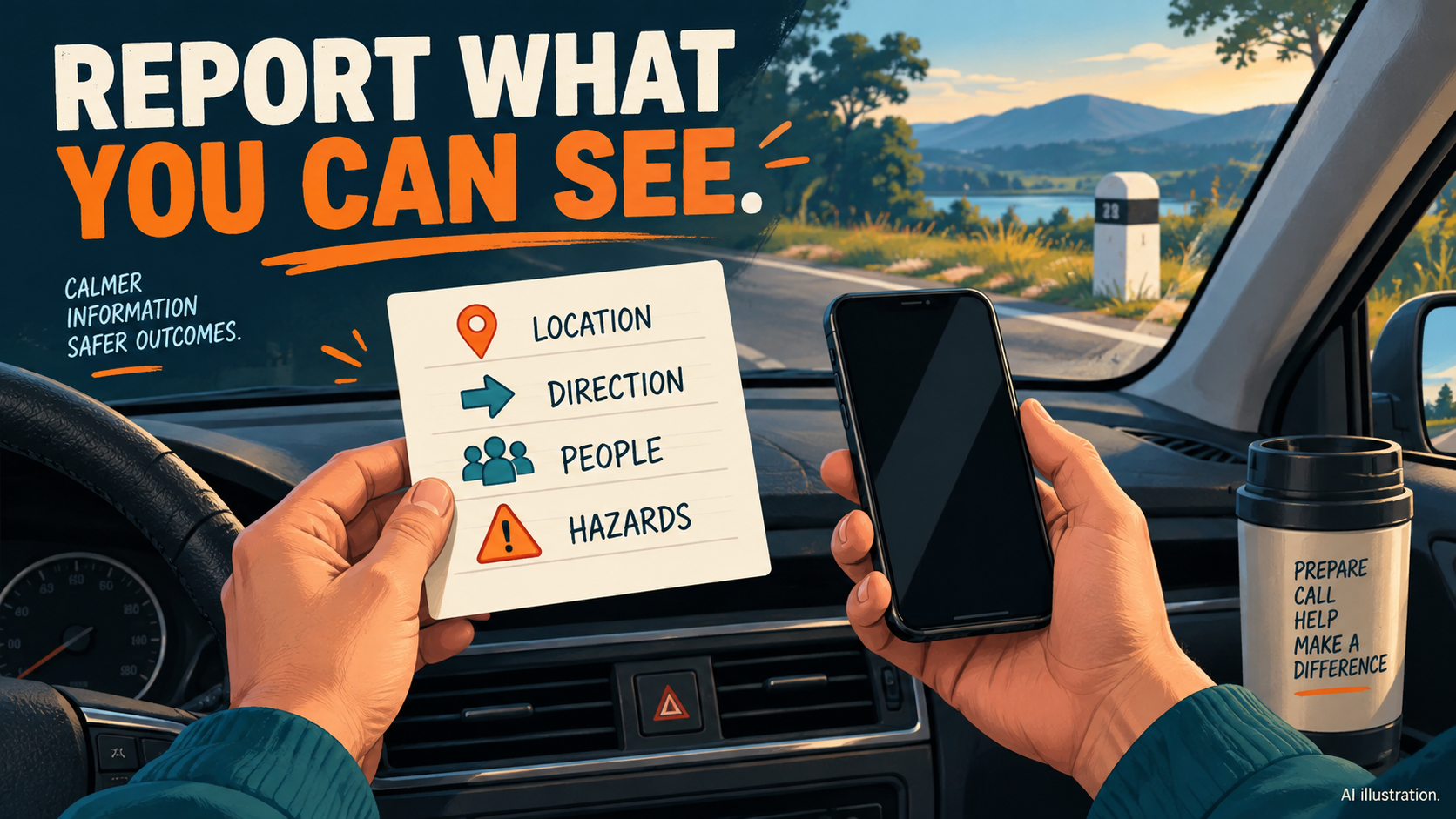 AI illustration of a safely parked caller preparing a factual report. Not an incident photograph; do not use a phone while driving.