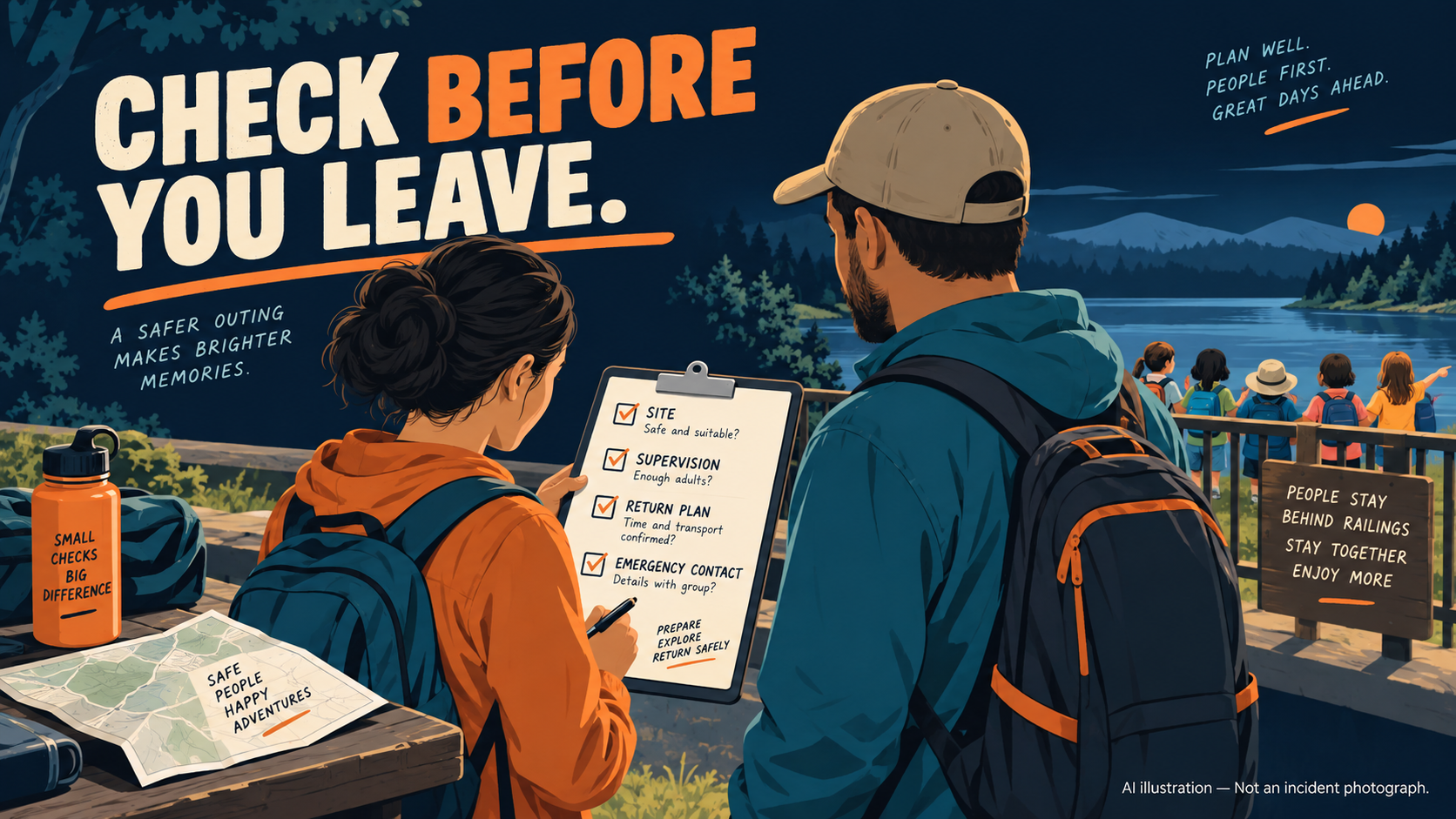 AI illustration: review the site, supervision, return plan and emergency contact before a group outing. Not an incident photograph or technical site design.