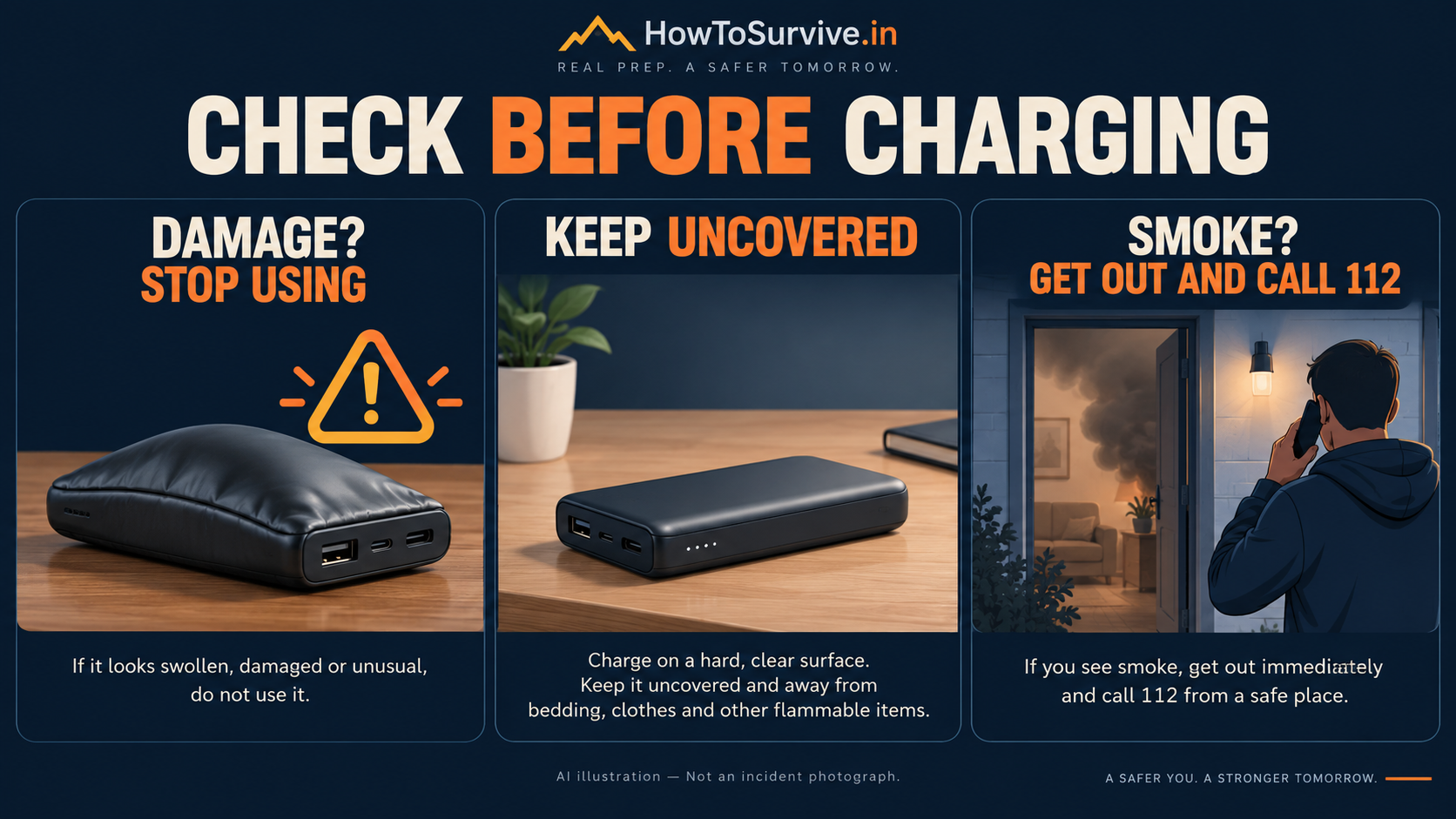 AI illustration: inspect for damage, keep charging equipment uncovered, and evacuate if smoke appears. Not a real incident photograph or a product certification.
