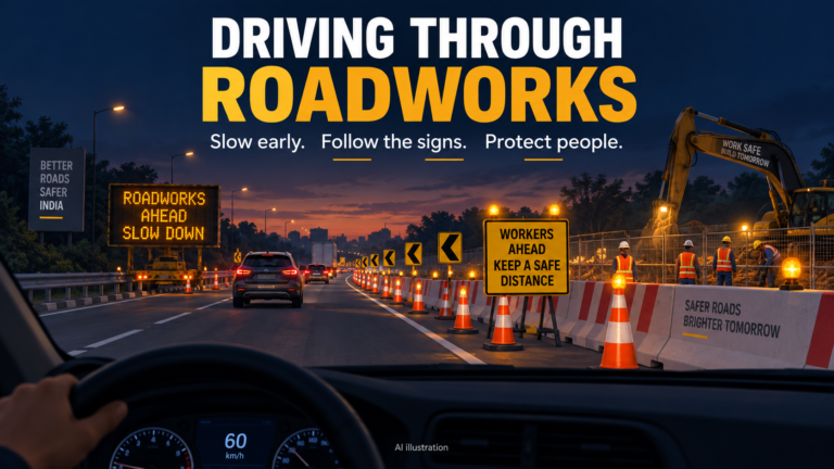 Driving through roadworks: notice the warning, slow early and protect people