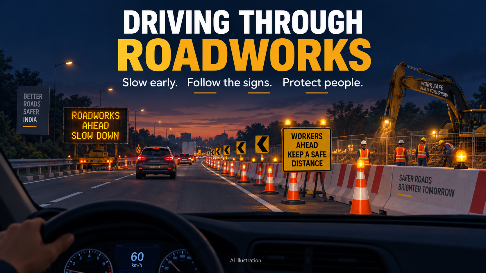Driving through roadworks: notice the warning, slow early and protect people