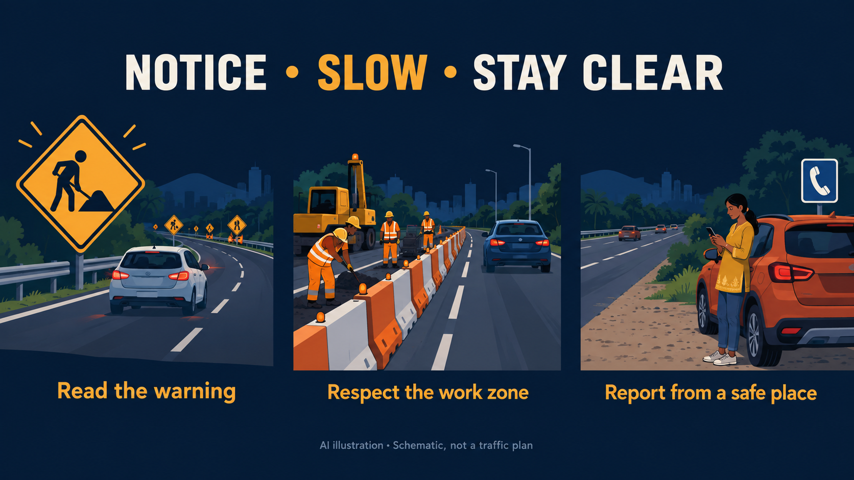AI illustration: notice warnings, respect the work area and report from a safe place. Schematic, not a traffic plan.