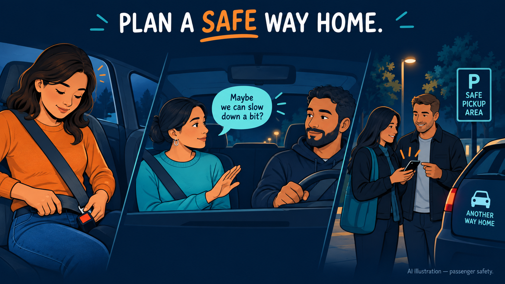 AI illustration — buckle up, speak calmly and arrange a safe alternative ride.