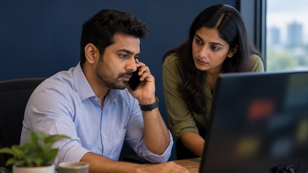 Editorial reconstruction of finance staff independently checking a suspicious high-value payment request