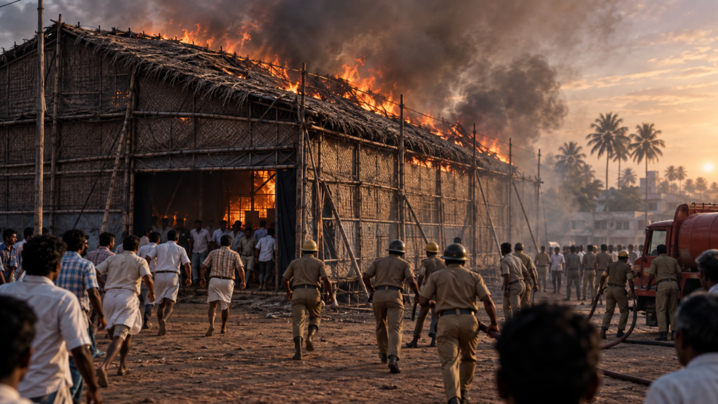 Editorial reconstruction of responders approaching a burning thatched touring cinema in late-1970s Tuticorin