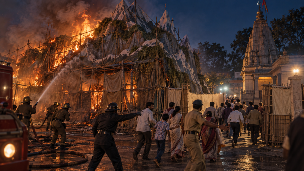 Editorial reconstruction of firefighters evacuating visitors from a burning temporary Himalayan exhibition structure in 1981 Ahmedabad