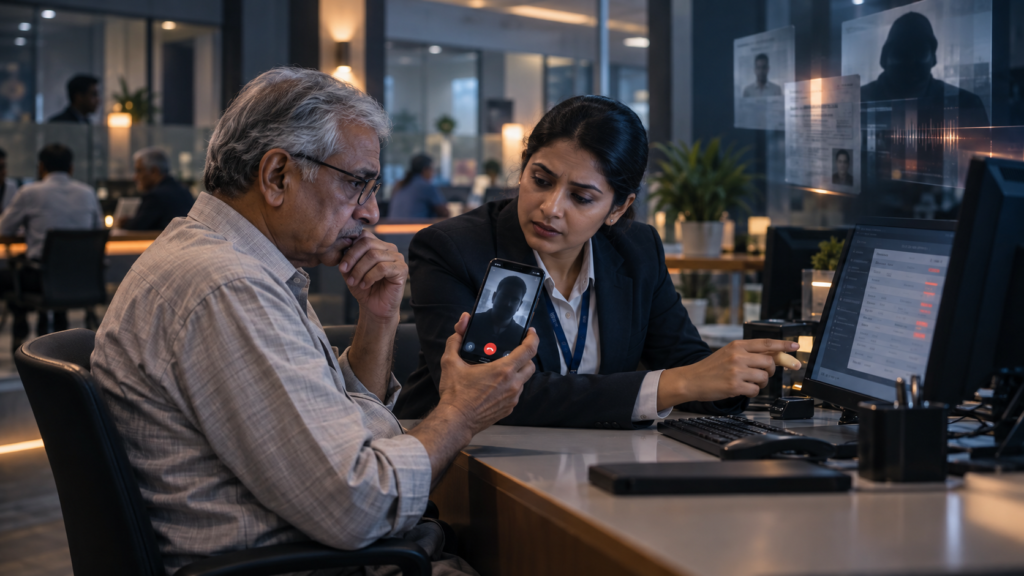 Editorial reconstruction of a bank employee helping an older customer stop a suspected digital-arrest fraud
