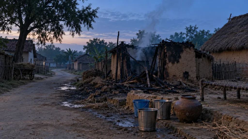 AI-generated editorial illustration of a quiet village lane in Uttar Pradesh before dawn, with a burnt thatched hut, charred bamboo and a few water buckets left by neighbours; not an incident photograph.