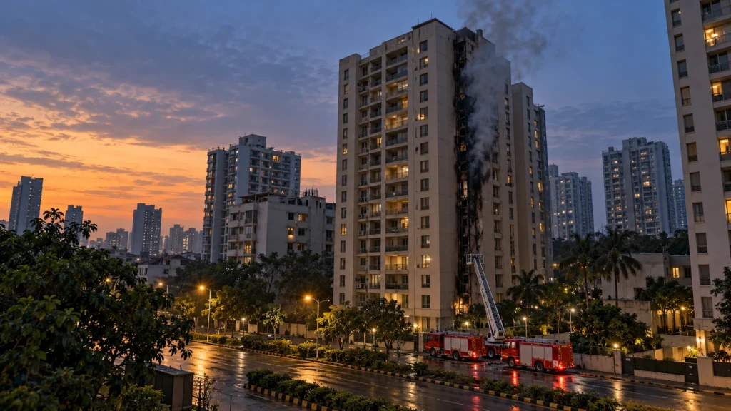 AI-generated editorial illustration of a Mumbai high-rise residential tower at dusk, with a smoke-blackened vertical shaft on its side and a ladder platform and fire tenders small on the road below; not an incident photograph.