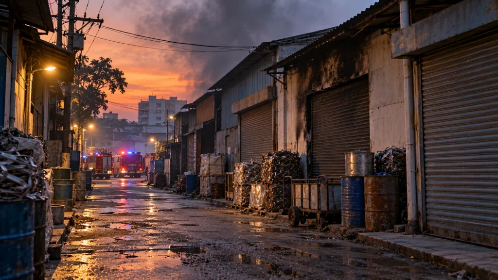 AI-generated editorial illustration of a dim, narrow industrial lane in Mumbai at dusk with a shuttered scrap godown, a smoke stain on its wall, stacked metal drums outside and fire tenders far in the background; not an incident photograph.