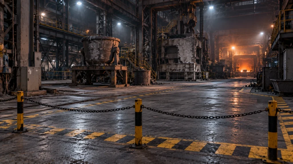 AI-generated editorial illustration of an empty steel-plant casting bay with a chained-off floor exclusion zone and a faint glow far away; not an incident photograph.