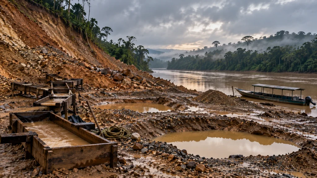 AI-generated editorial illustration of an empty riverside open-pit gold working in the Pacific lowlands of Colombia, with a raw earth slope, rain-filled pits and a moored river launch; not an incident photograph.