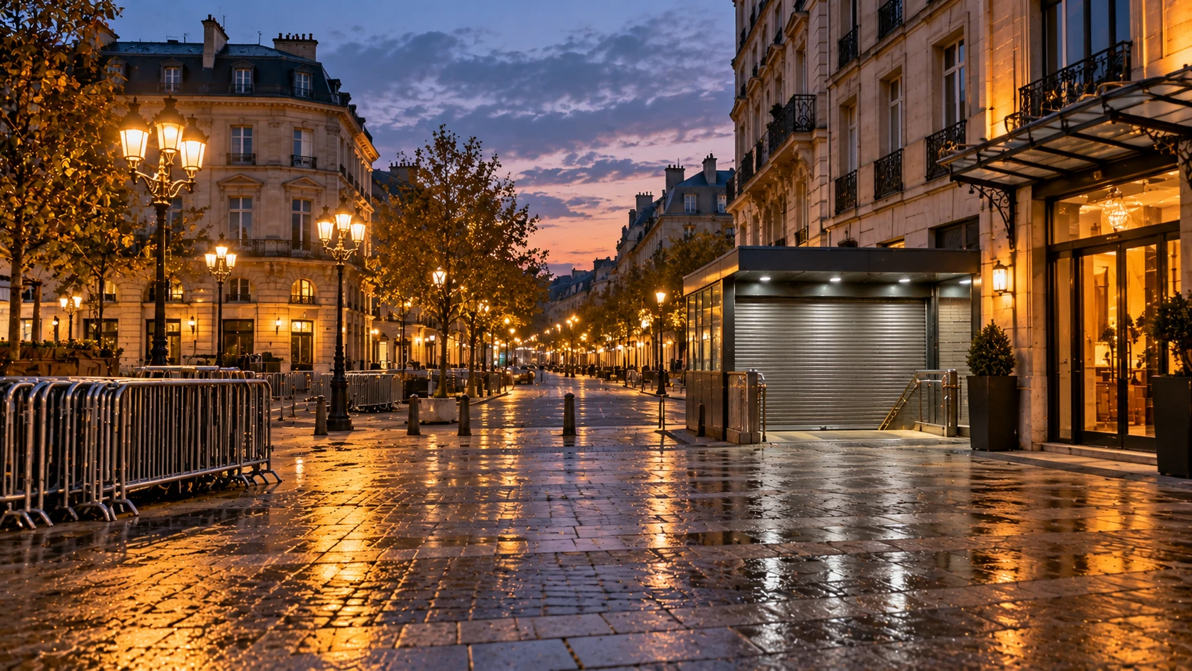 AI-generated editorial illustration of an empty European city square at dusk with metal barriers, a closed metro entrance and a hotel doorway lit warmly in the distance; no people; not an incident photograph.