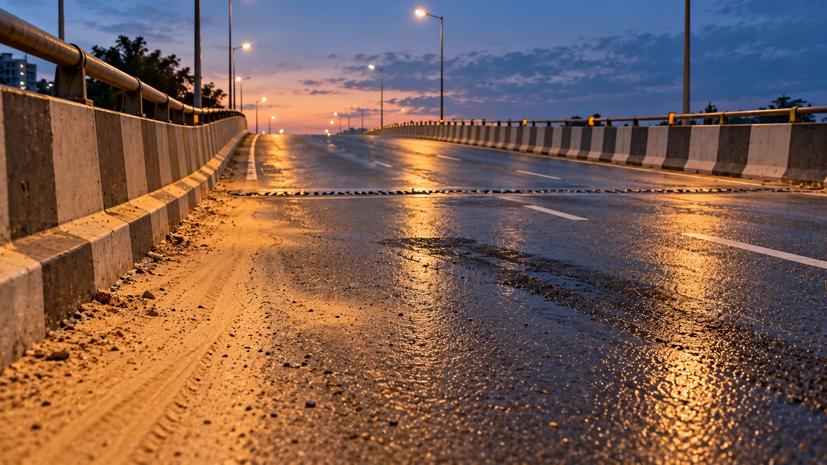 AI-generated editorial illustration of an empty flyover ramp at dusk with a wet road surface, sand along the kerb and a worn expansion joint; no people, no vehicles; not an incident photograph.