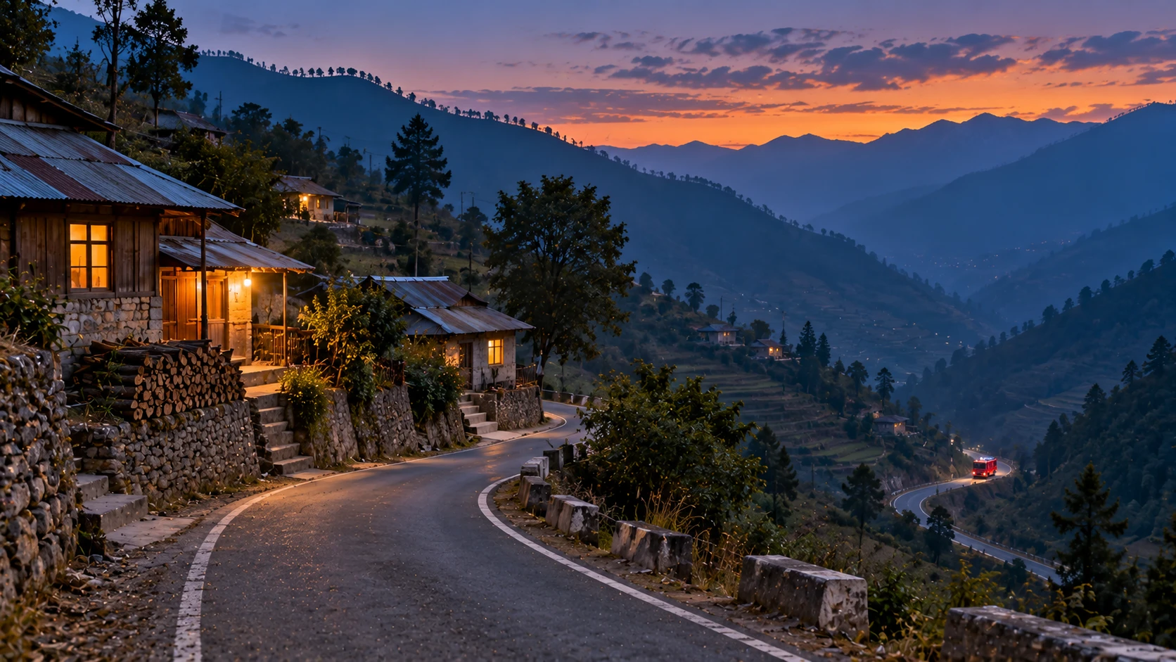 AI-generated editorial illustration of a hill village road at dusk with a distant fire-engine silhouette far down the road; no people; not an incident photograph.