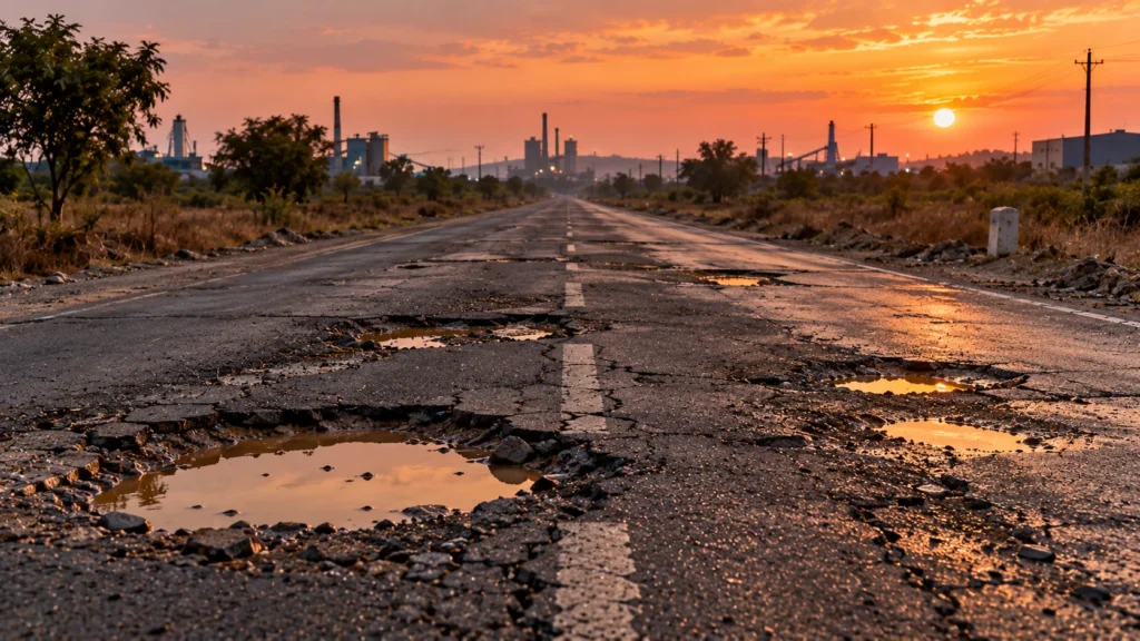 AI-generated editorial illustration of an empty damaged two-lane road with potholes at dusk, no people or vehicles; not an incident photograph and not the actual road.