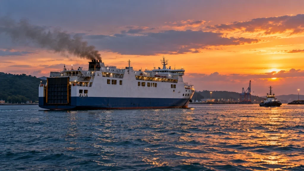 AI-generated editorial illustration of a car ferry at a harbour at dusk with a thin plume of smoke and no people; not an incident photograph.