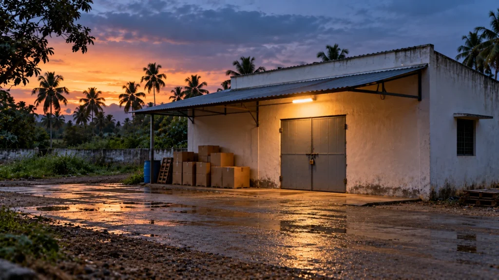 AI-generated editorial illustration of a small closed storage godown at dusk with sealed cardboard boxes and a locked door; no people, no flames; not an incident photograph.