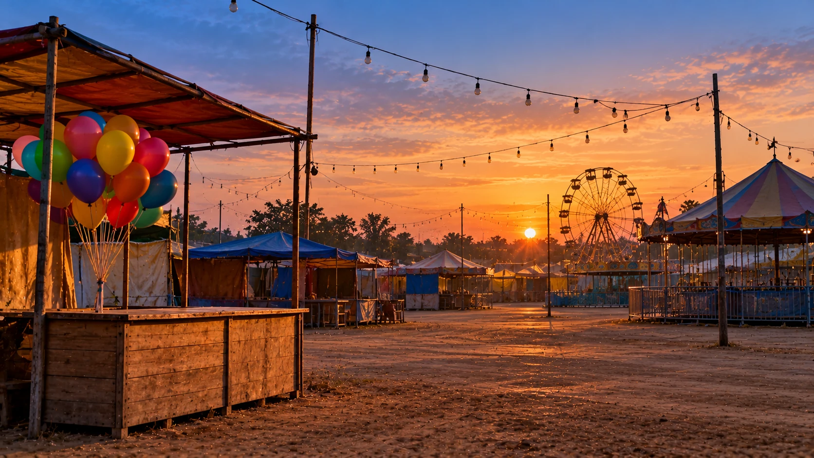 AI-generated editorial illustration of an empty fairground at dusk with a stall counter, strings of unlit bulbs and a row of colourful balloons tied to a stand; no people; not an incident photograph.