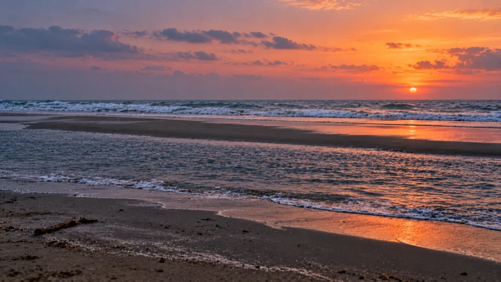 AI-generated editorial illustration of an empty beach at dusk with the tide covering a flat sandbar; not an incident photograph.