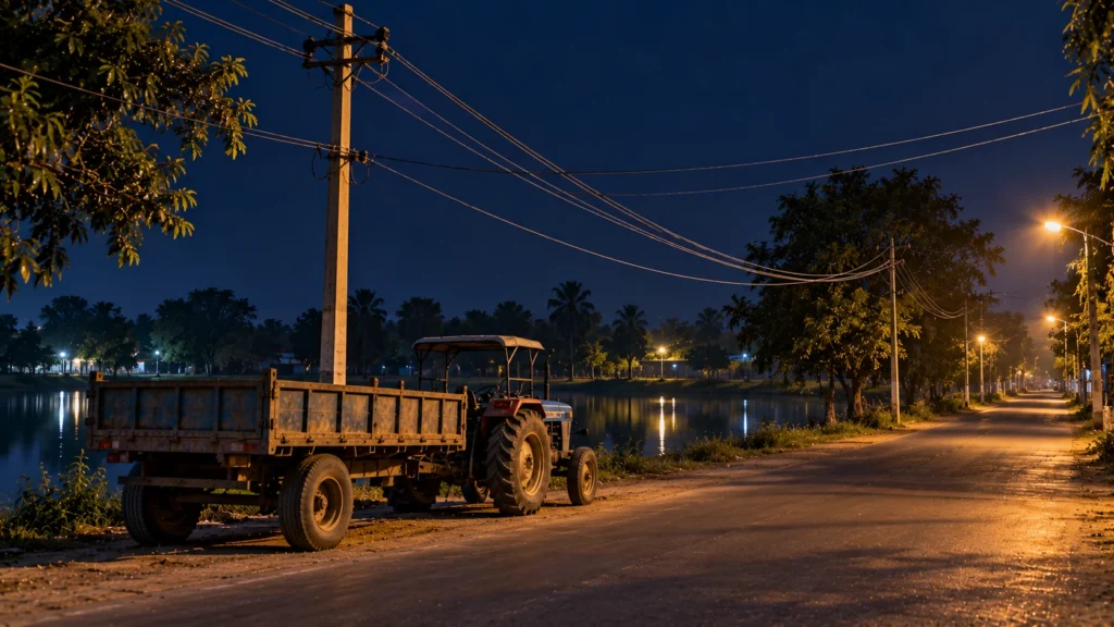 AI-generated editorial illustration of an empty small-town road at night beside a pond, with a bare tractor-trolley parked near a utility pole and low-hanging overhead lines; not an incident photograph.