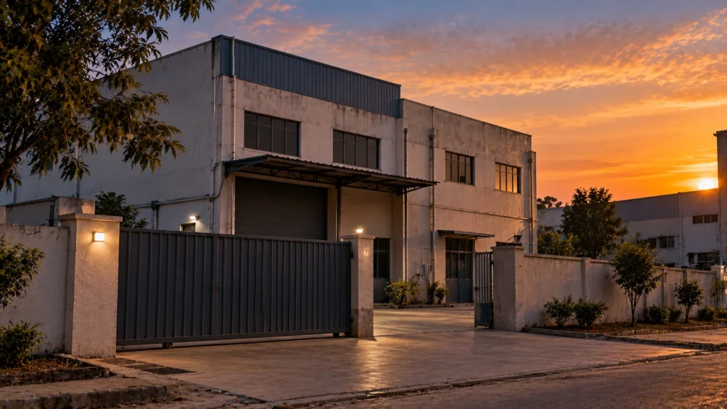 AI-generated editorial illustration of the closed gate and plain exterior of a small industrial workshop unit at dusk, with an unlit window and an empty yard; no people, no flames; not an incident photograph.