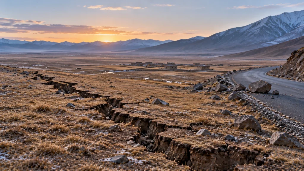 AI-generated editorial illustration of a high-altitude Tibetan plateau valley at dawn with a long ground crack across a grassland slope and fallen rocks beside an empty mountain road; not an incident photograph.
