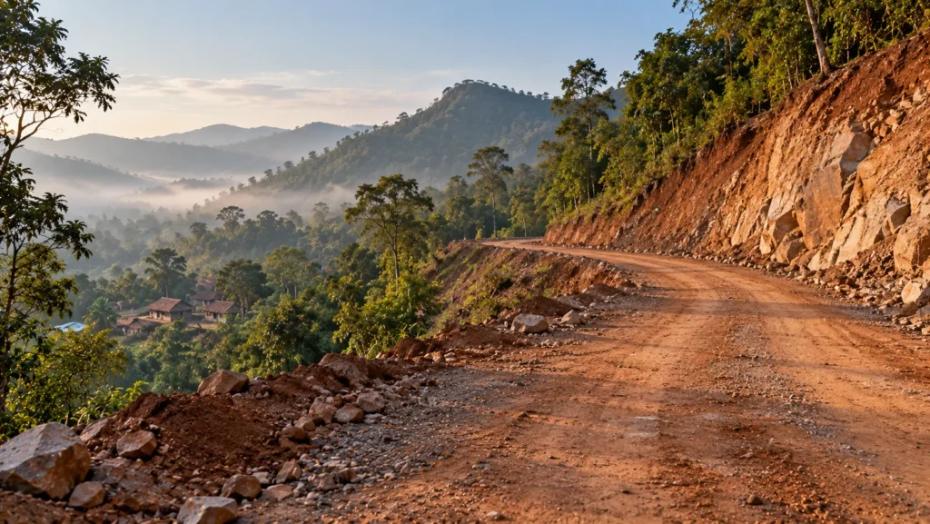 AI-generated editorial illustration of an empty hill road under construction in a forested tribal area, with a cut rock face and a few bare patches of earth; not an incident photograph.