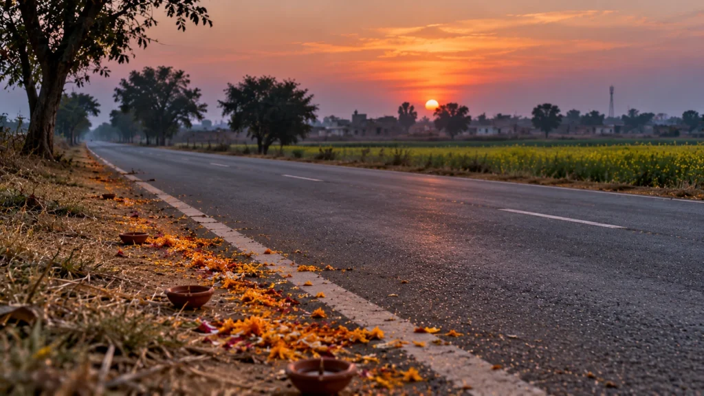 AI-generated editorial illustration of an empty village road at dusk with a verge of dry grass and a few unlit clay lamps beside the tarmac; not an incident photograph.