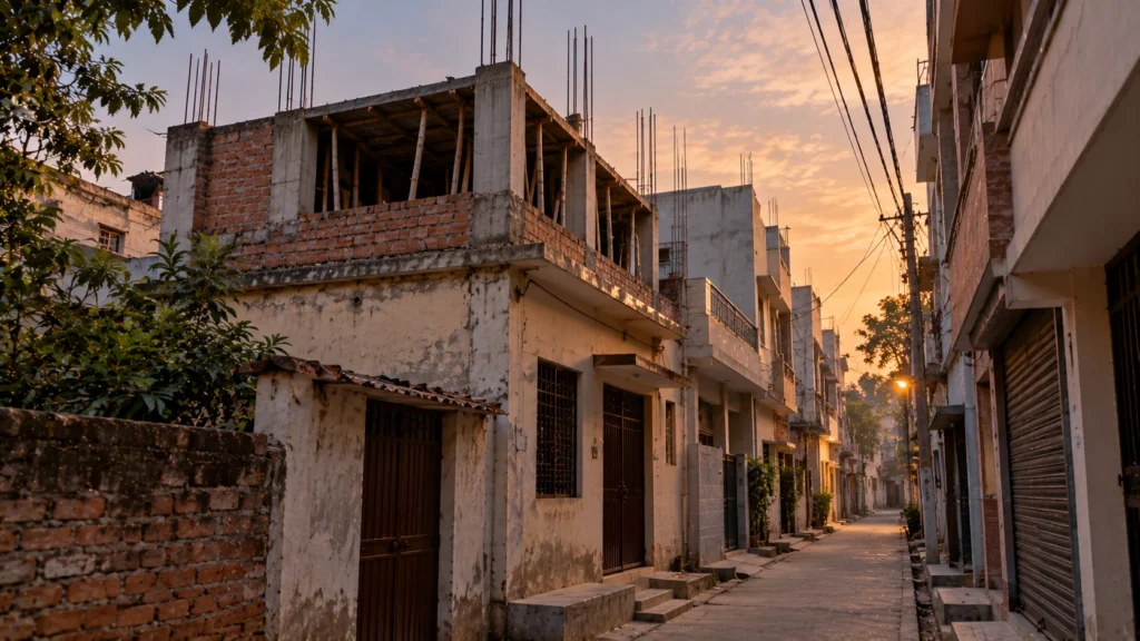 AI-generated editorial illustration of an empty narrow lane in a north-east Delhi neighbourhood with a plain brick house whose roof carries bare steel bars for an extra floor; not an incident photograph.