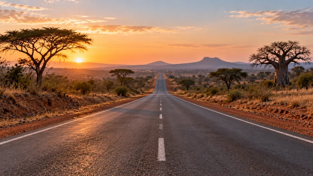 AI-generated editorial illustration of an empty two-lane highway through dry bushland with a dashed centre line and a long straight stretch; not an incident photograph.