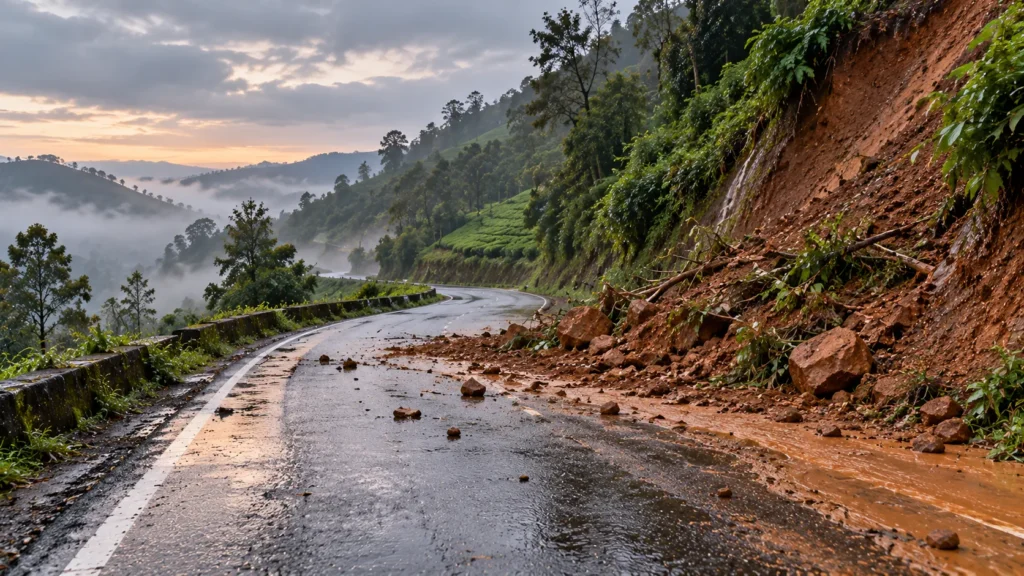 AI-generated editorial illustration of an empty wet ghat road in the Nilgiris hills after a mudslide, with red soil and fallen branches across the road and no vehicles or people; not an incident photograph.