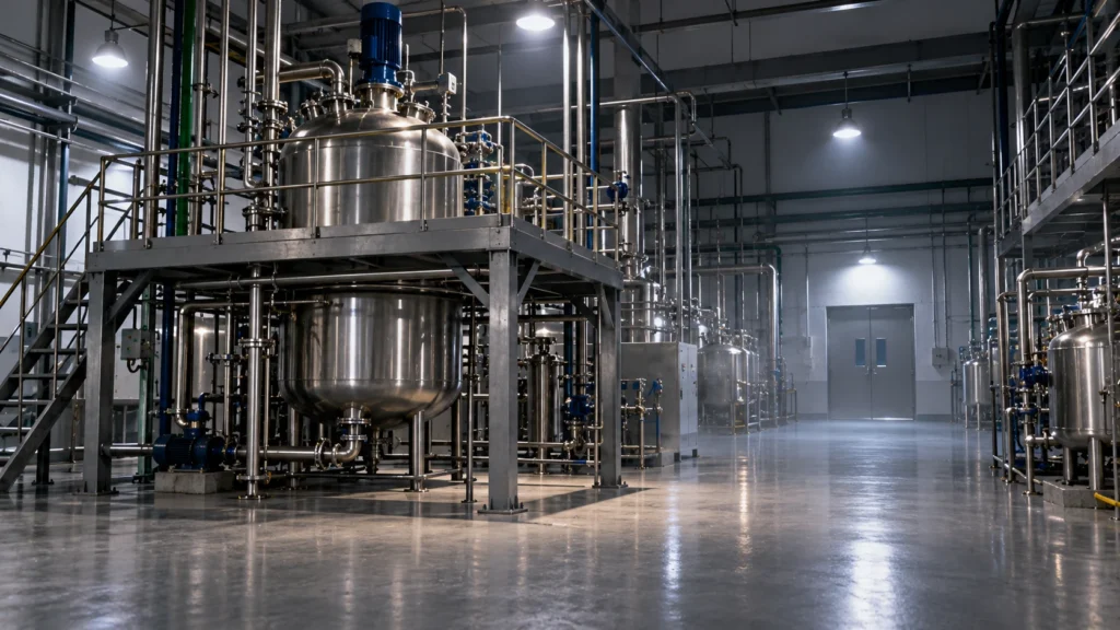 AI-generated editorial illustration of an empty pharmaceutical plant production floor with a steel reactor, pipework and a closed door, lit by cool light; not an incident photograph.