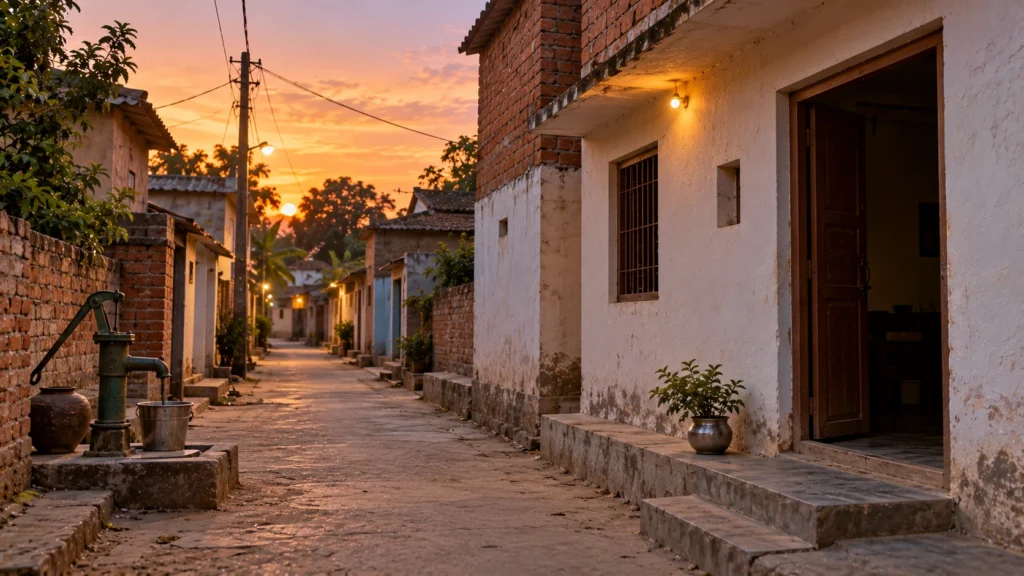 AI-generated editorial illustration of a quiet village lane in Bihar with ordinary brick houses and an empty open doorway at dusk; not an incident photograph.