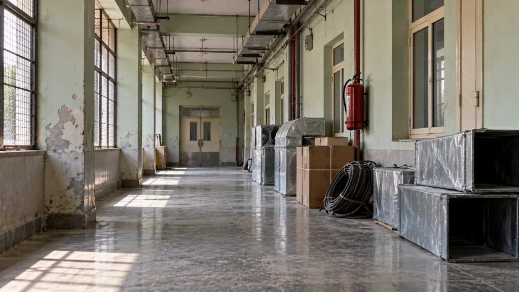 AI-generated editorial illustration of an empty, dim hospital corridor with a closed old ward door and building-repair materials stacked at one side; not an incident photograph.